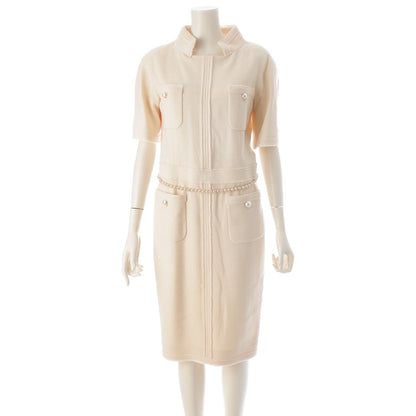 Chanel Wool CC Logo Pearl Button Belt Short Sleeve Dress Ivory 36