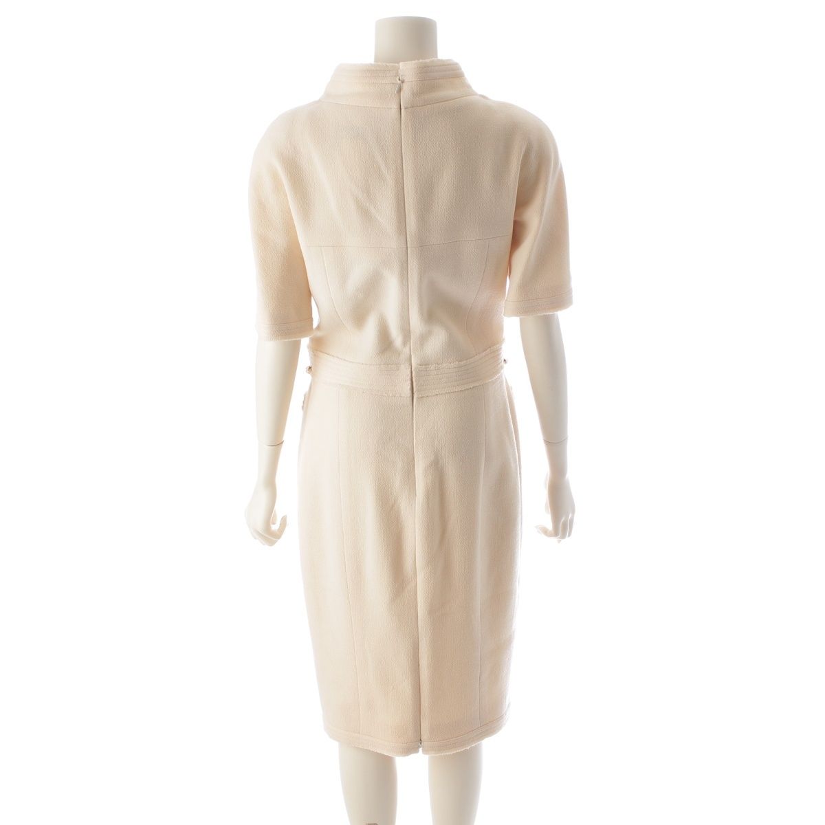 Chanel Wool CC Logo Pearl Button Belt Short Sleeve Dress Ivory 36 — view 4