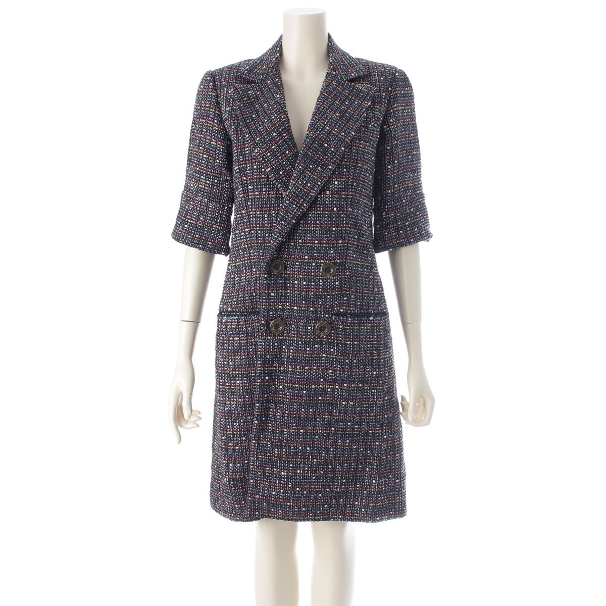 Chanel CC Logo Button Tweed Double Coat Navy Multicolor 34