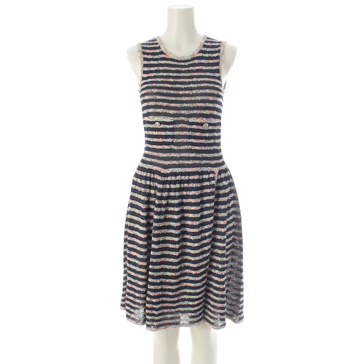 Chanel Rayon Cotton Border Sleeveless Knit Dress Multicolor 34