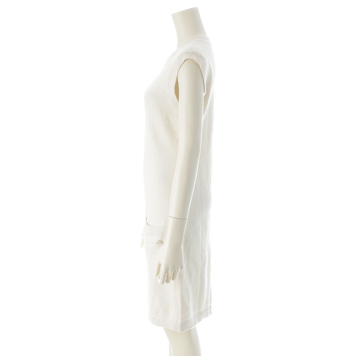 Chanel Cotton Cashmere CC Logo Pearl Sleeveless Knit Dress White 36 — view 3