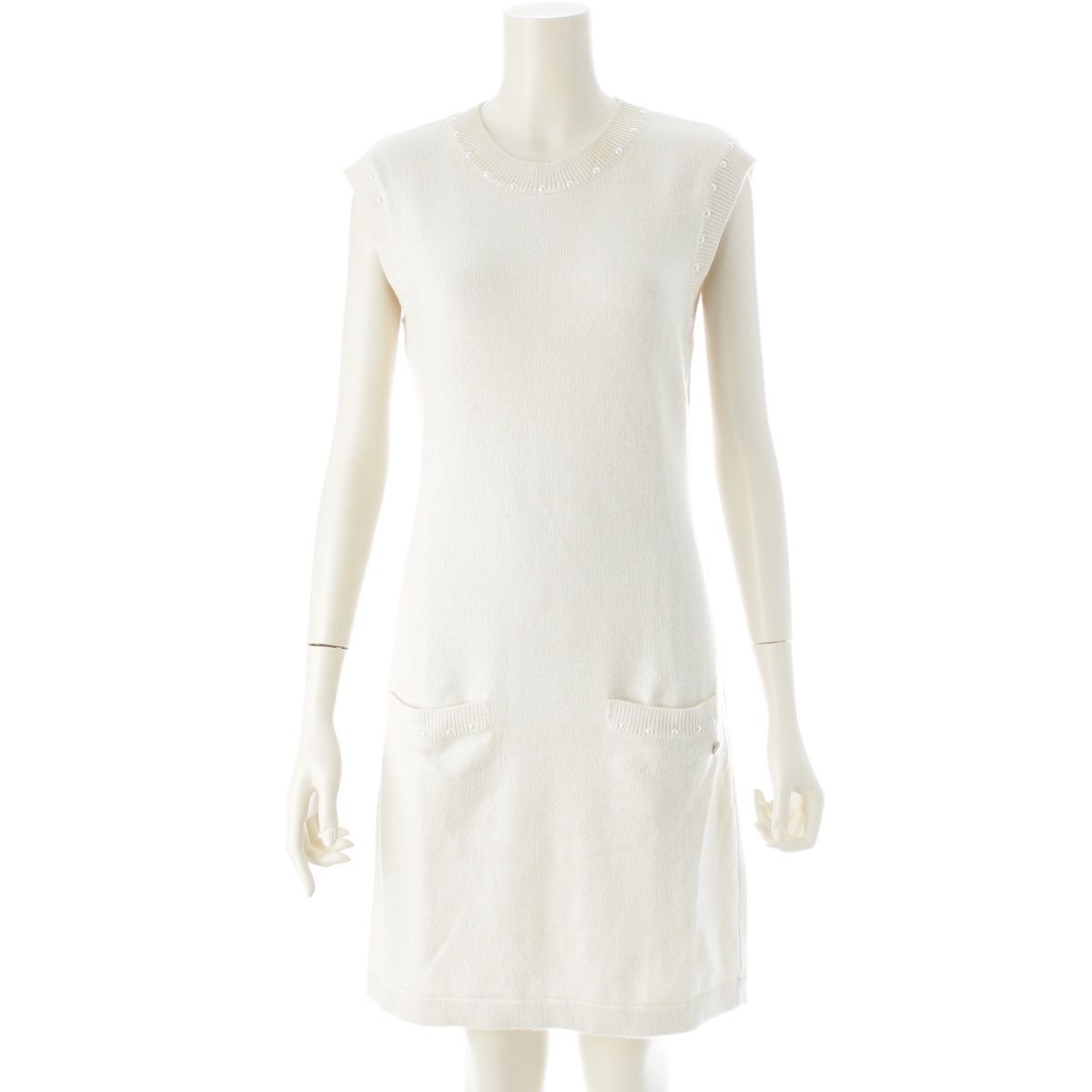 Chanel Cotton Cashmere CC Logo Pearl Sleeveless Knit Dress White 36