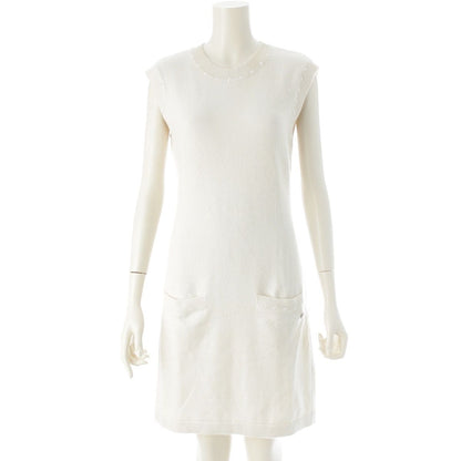 Chanel Cotton Cashmere CC Logo Pearl Sleeveless Knit Dress White 36