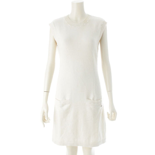 Chanel Cotton Cashmere CC Logo Pearl Sleeveless Knit Dress White 36