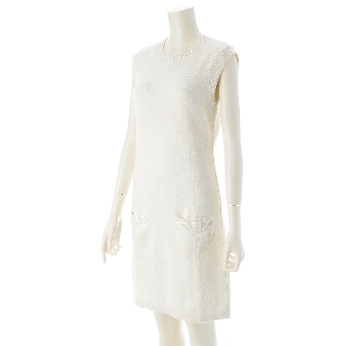 Chanel Cotton Cashmere CC Logo Pearl Sleeveless Knit Dress White 36 — view 2