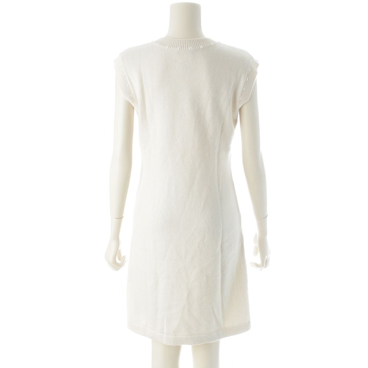 Chanel Cotton Cashmere CC Logo Pearl Sleeveless Knit Dress White 36 — view 4
