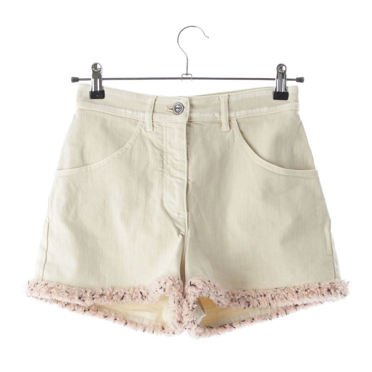 Chanel Cotton Tweed Rhinestone Button Shorts Beige Pink 34