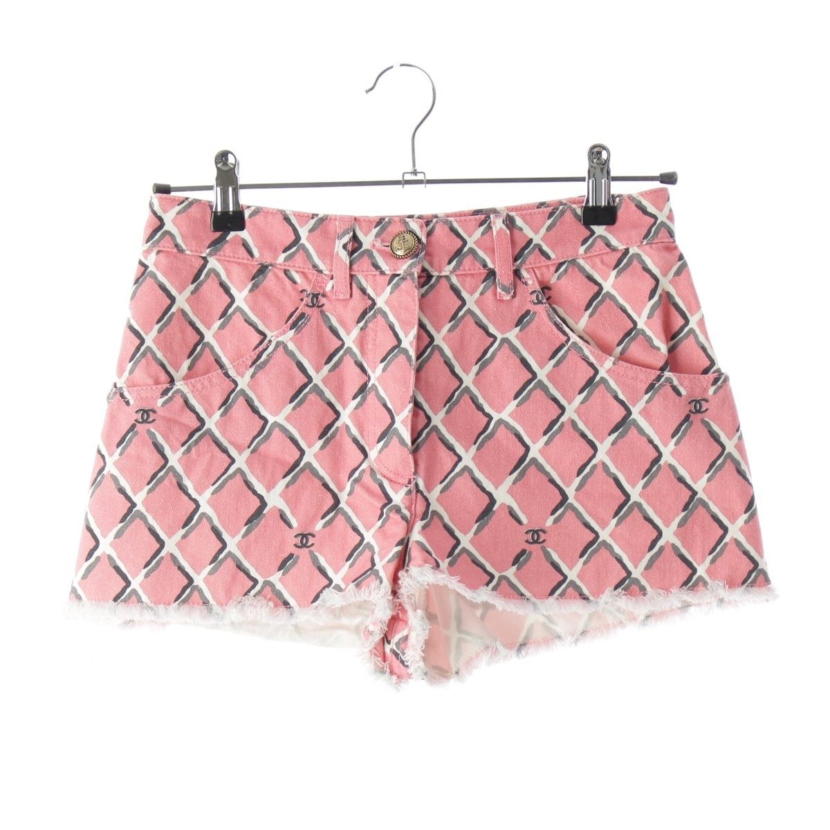 Chanel Cotton CC Logo Quilted Denim Shorts Pink 34