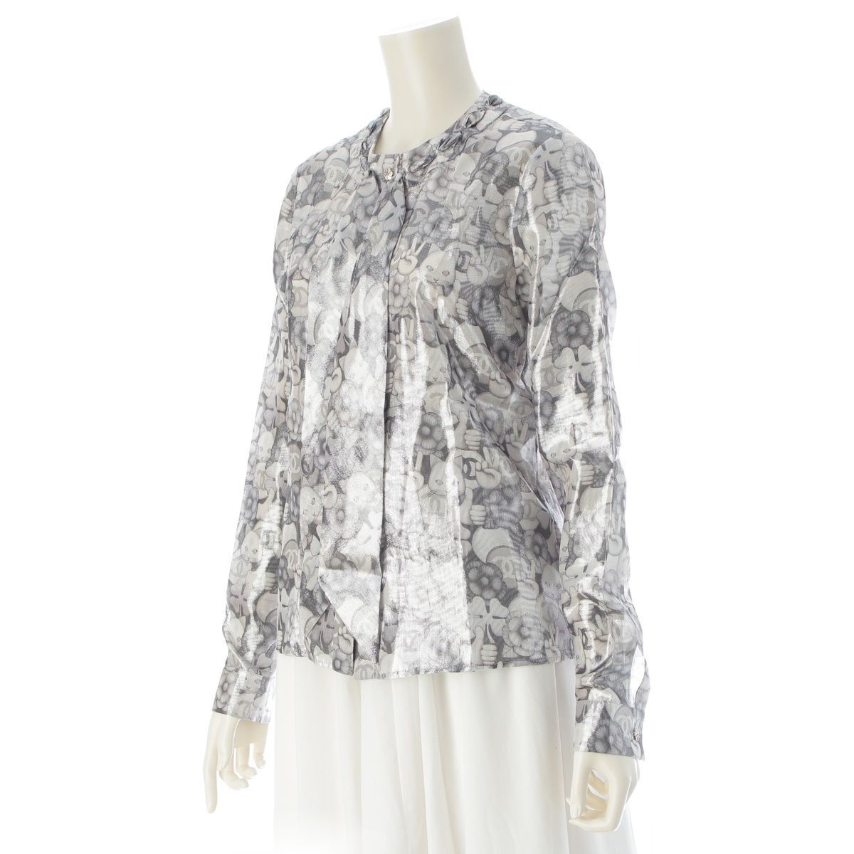Chanel Silk Polyester Bowtie Choupette Camellia CC Logo Long Sleeve Shirt — view 2