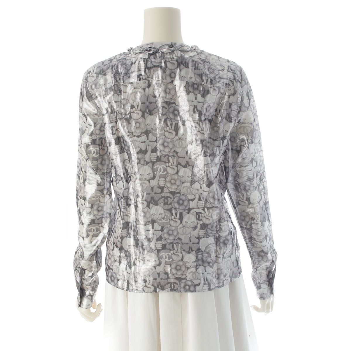 Chanel Silk Polyester Bowtie Choupette Camellia CC Logo Long Sleeve Shirt — view 4