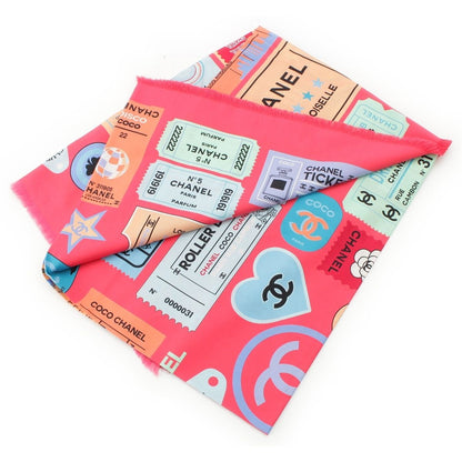 Chanel Cotton Silk Ticket CC Logo All Over Pattern Shawl Pink Scarf — view 2