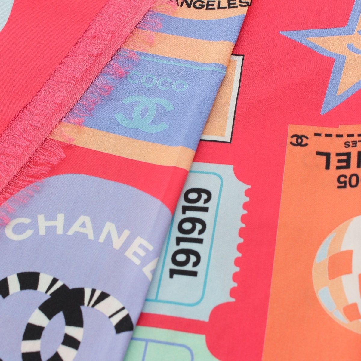 Chanel Cotton Silk Ticket CC Logo All Over Pattern Shawl Pink Scarf — view 6