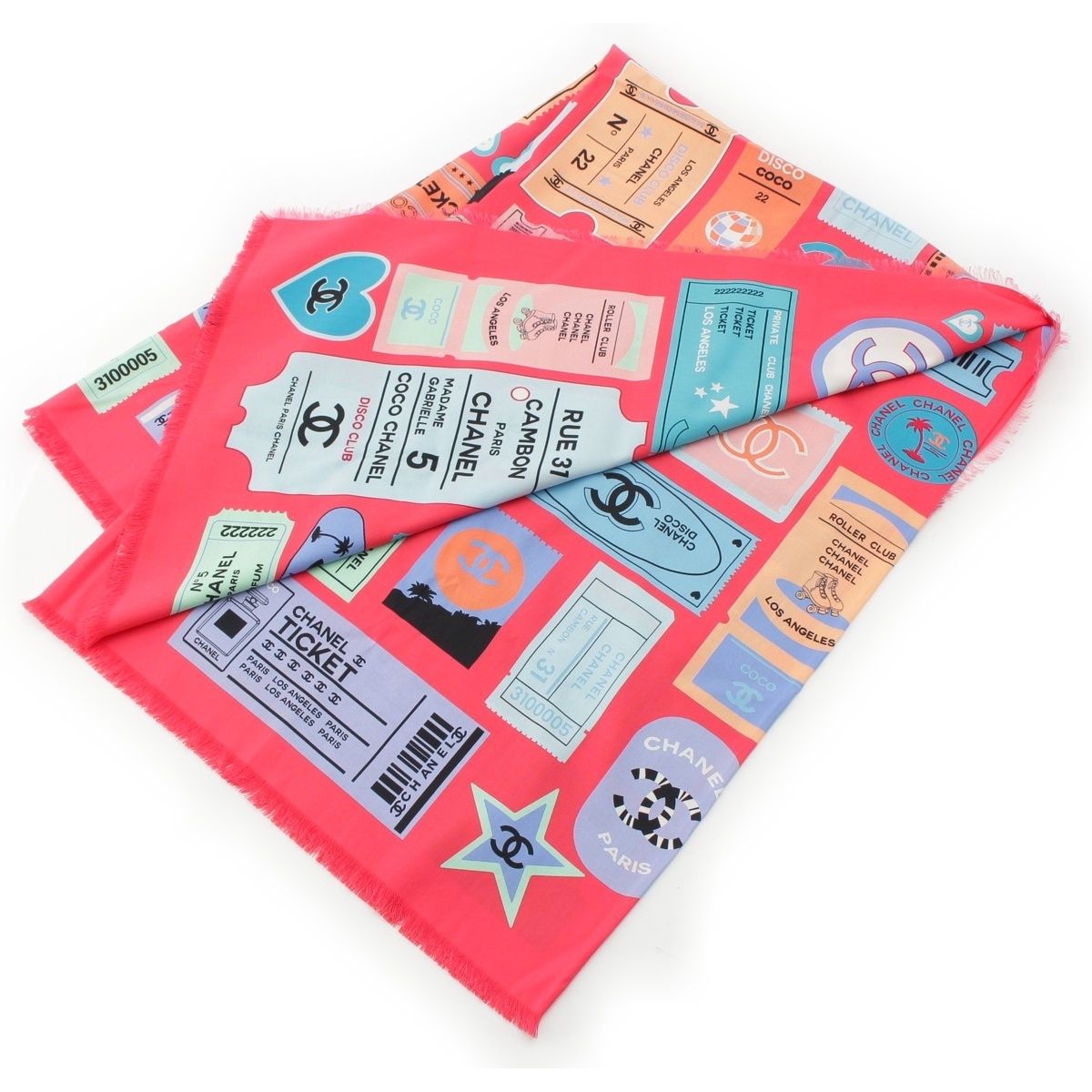 Chanel Cotton Silk Ticket CC Logo All Over Pattern Shawl Pink Scarf — view 2