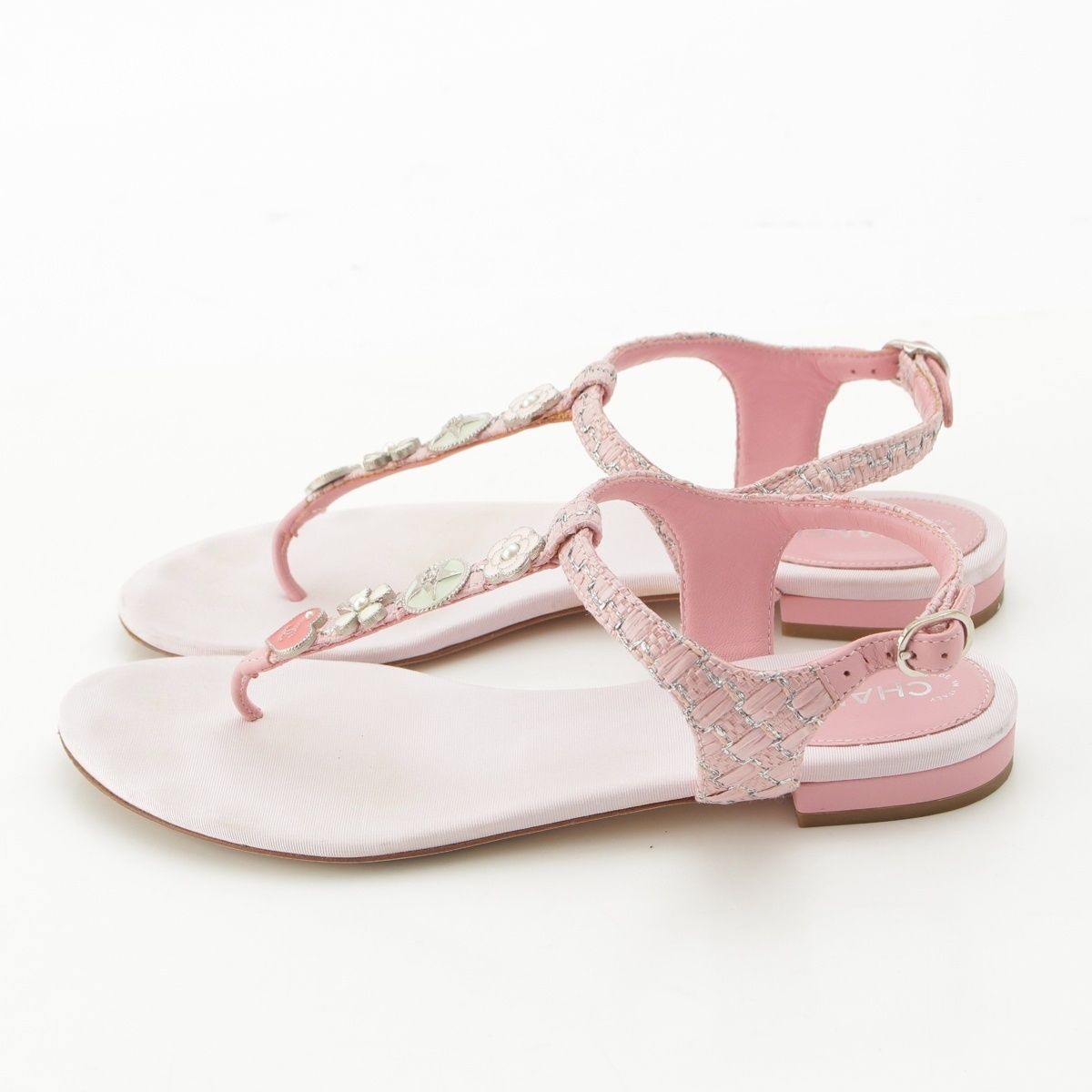 Chanel Tweed CC Logo Camellia Heart Icon Sandals Pink — view 3