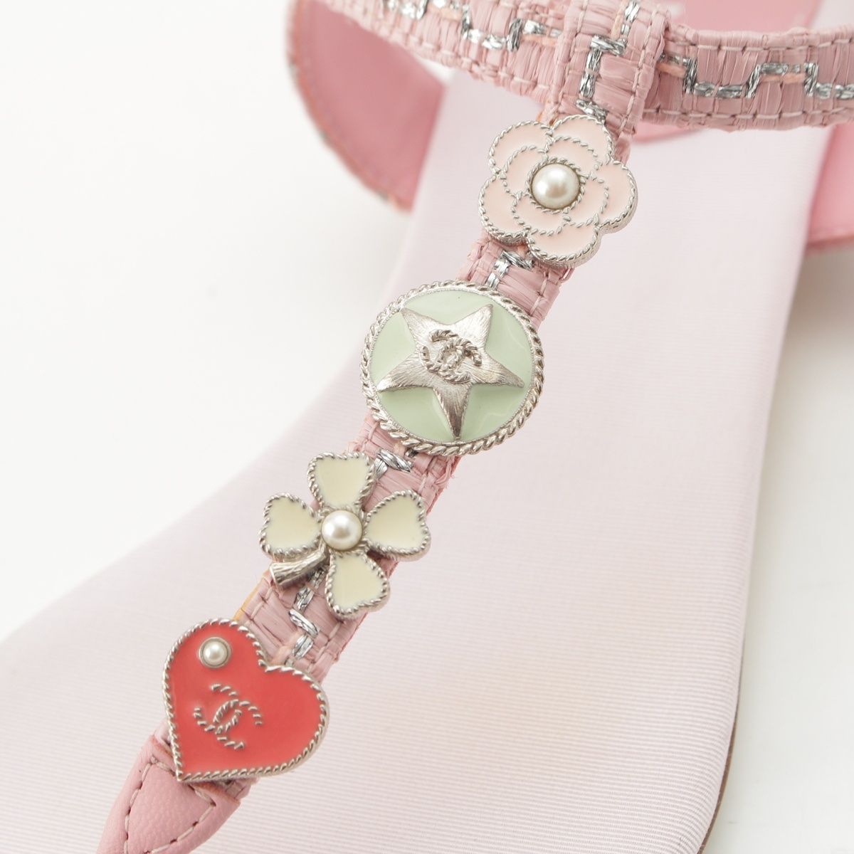 Chanel Tweed CC Logo Camellia Heart Icon Sandals Pink — view 9