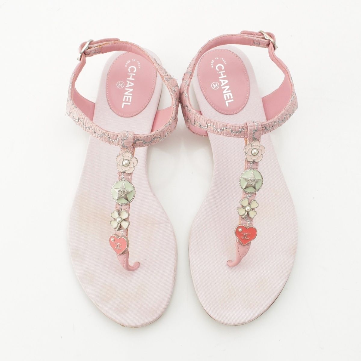 Chanel Tweed CC Logo Camellia Heart Icon Sandals Pink — view 2