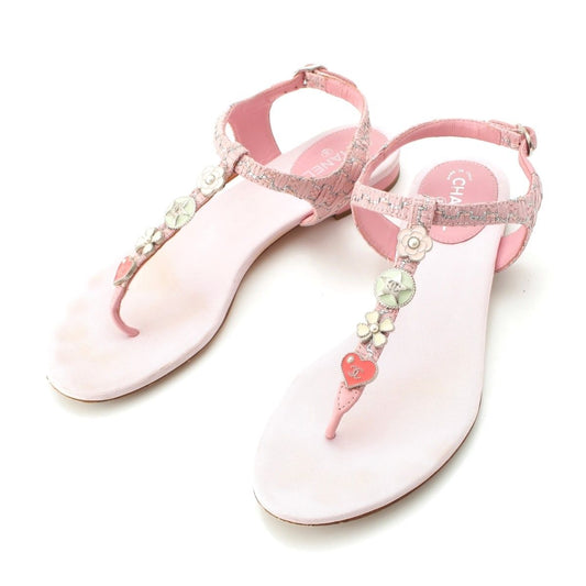 Chanel Tweed CC Logo Camellia Heart Icon Sandals Pink