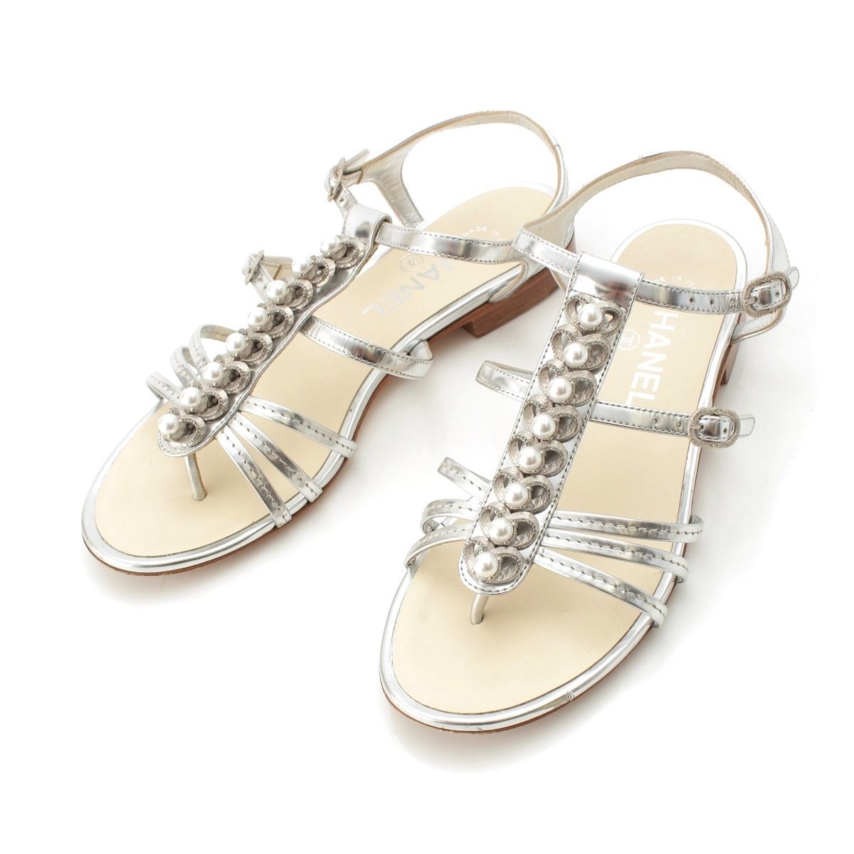 Chanel Heart Pearl Strap Sandals Silver
