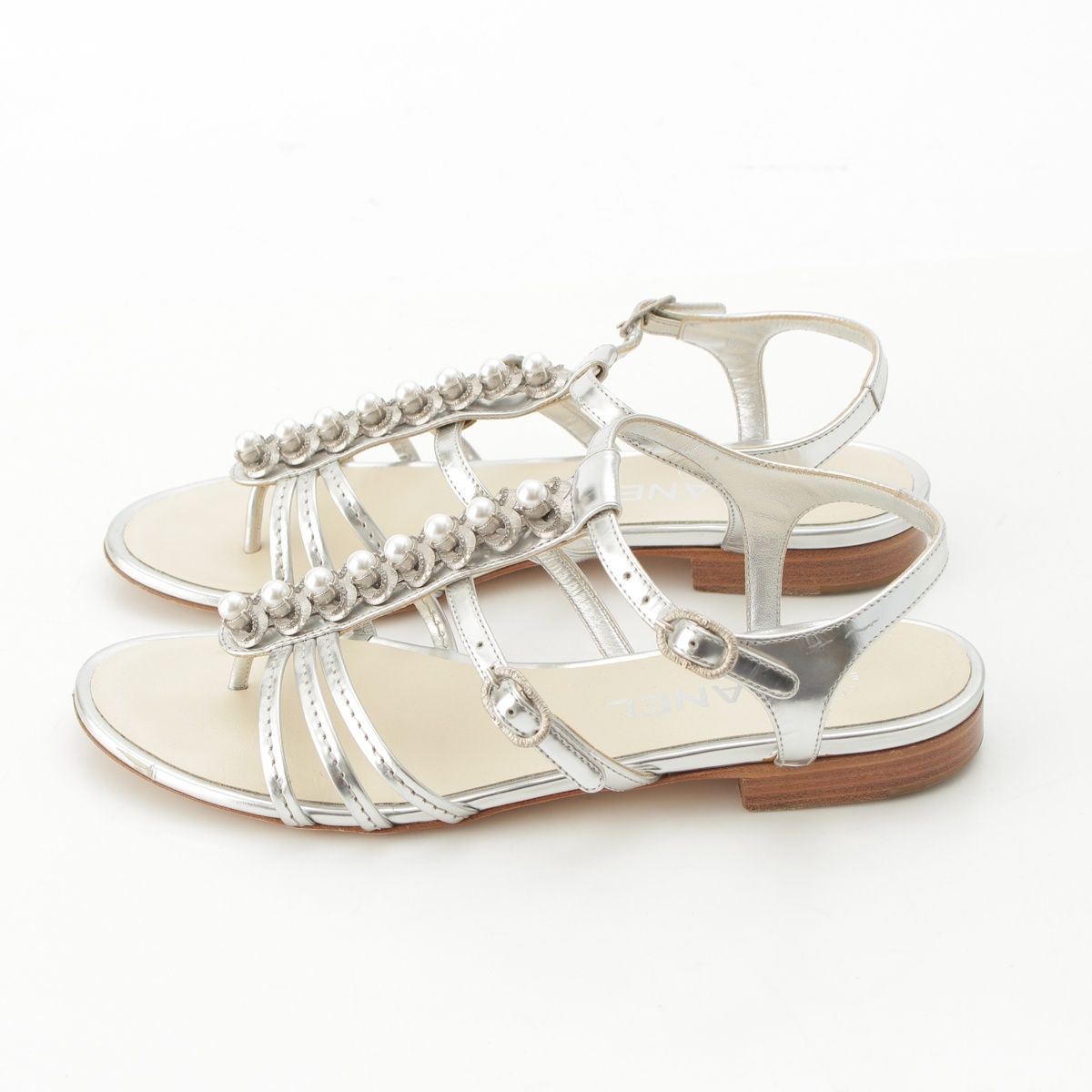 Chanel Heart Pearl Strap Sandals Silver — view 3