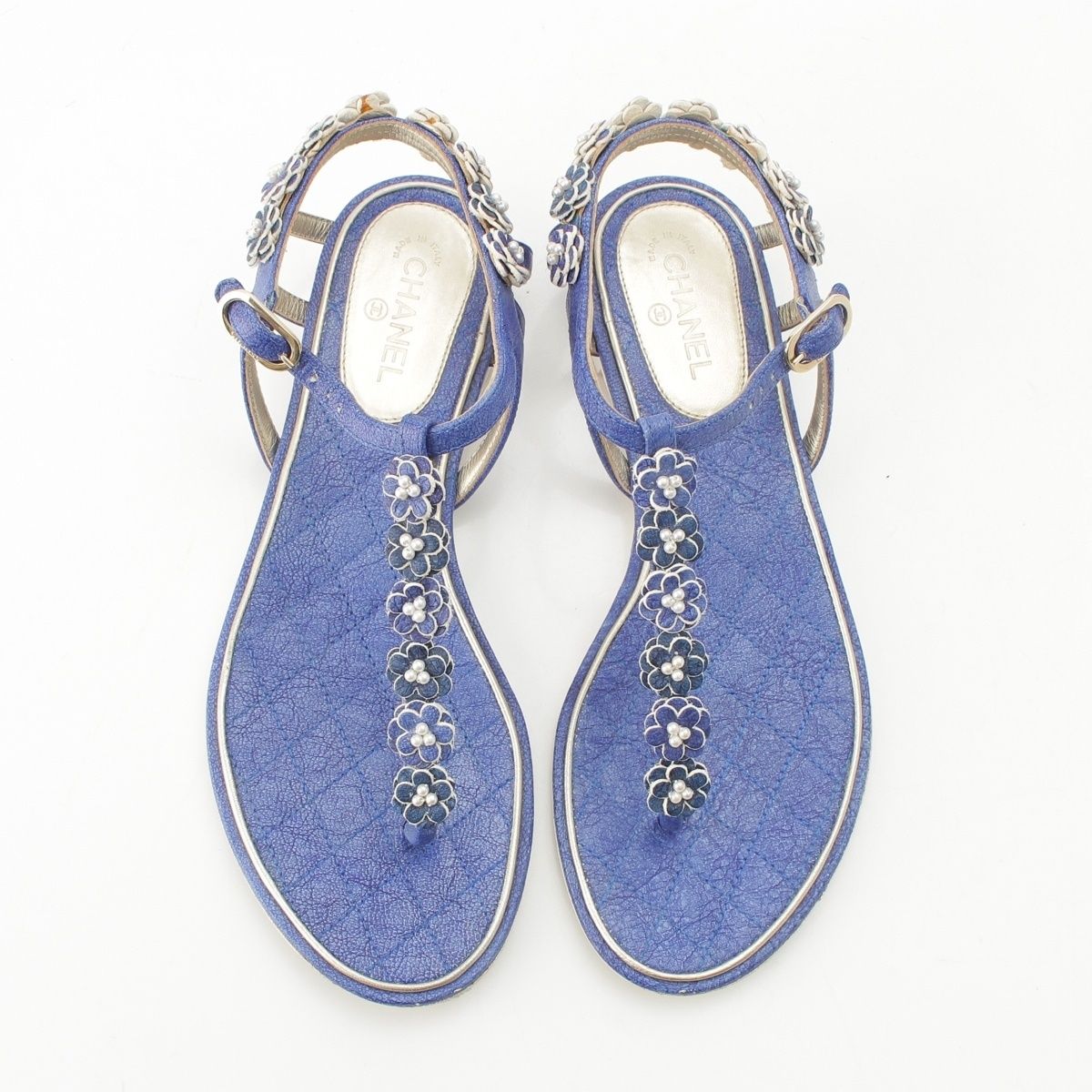 Chanel Leather Pearl CC Logo Camellia Strap Sandals Blue — view 2