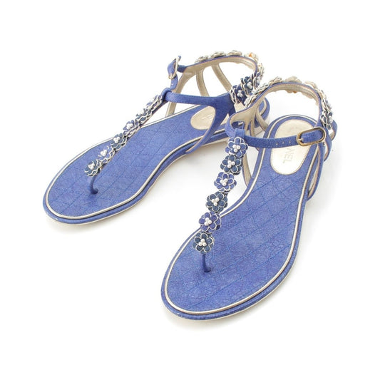 Chanel Leather Pearl CC Logo Camellia Strap Sandals Blue