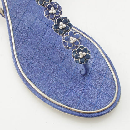 Chanel Leather Pearl CC Logo Camellia Strap Sandals Blue — view 6