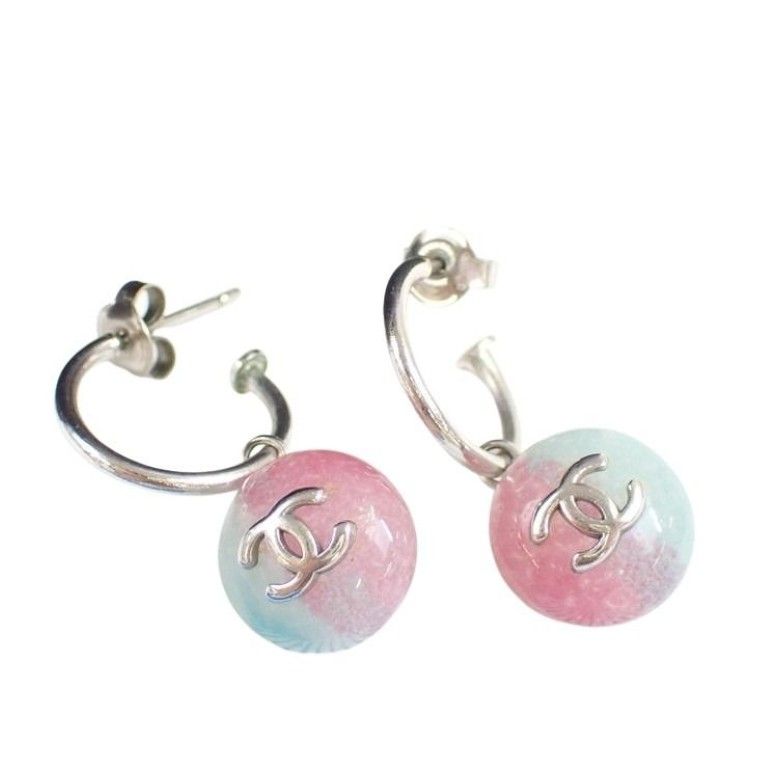 Chanel Earrings CC Logo Pink Blue Silver Metal Hoop