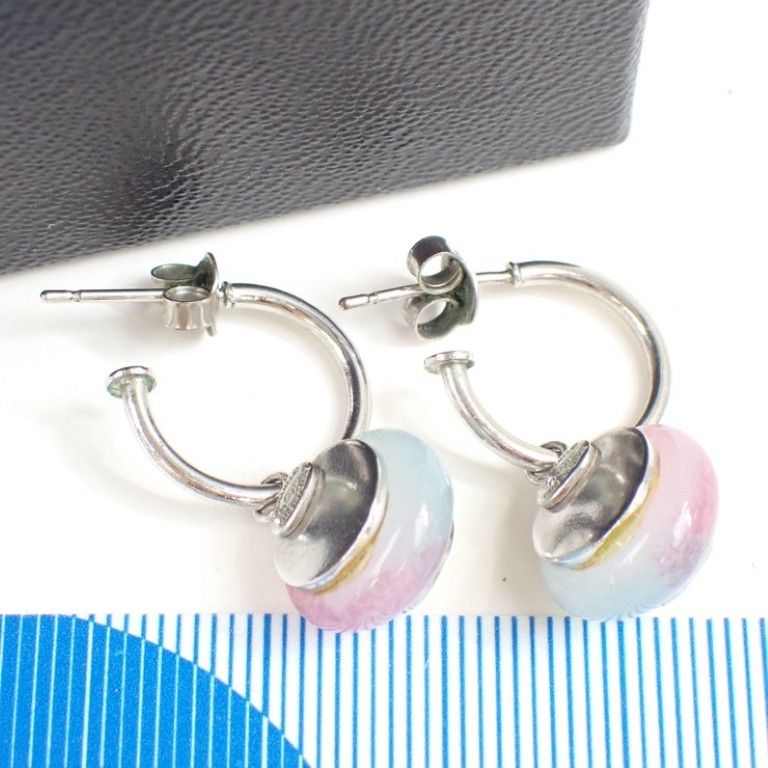Chanel Earrings CC Logo Pink Blue Silver Metal Hoop — view 2