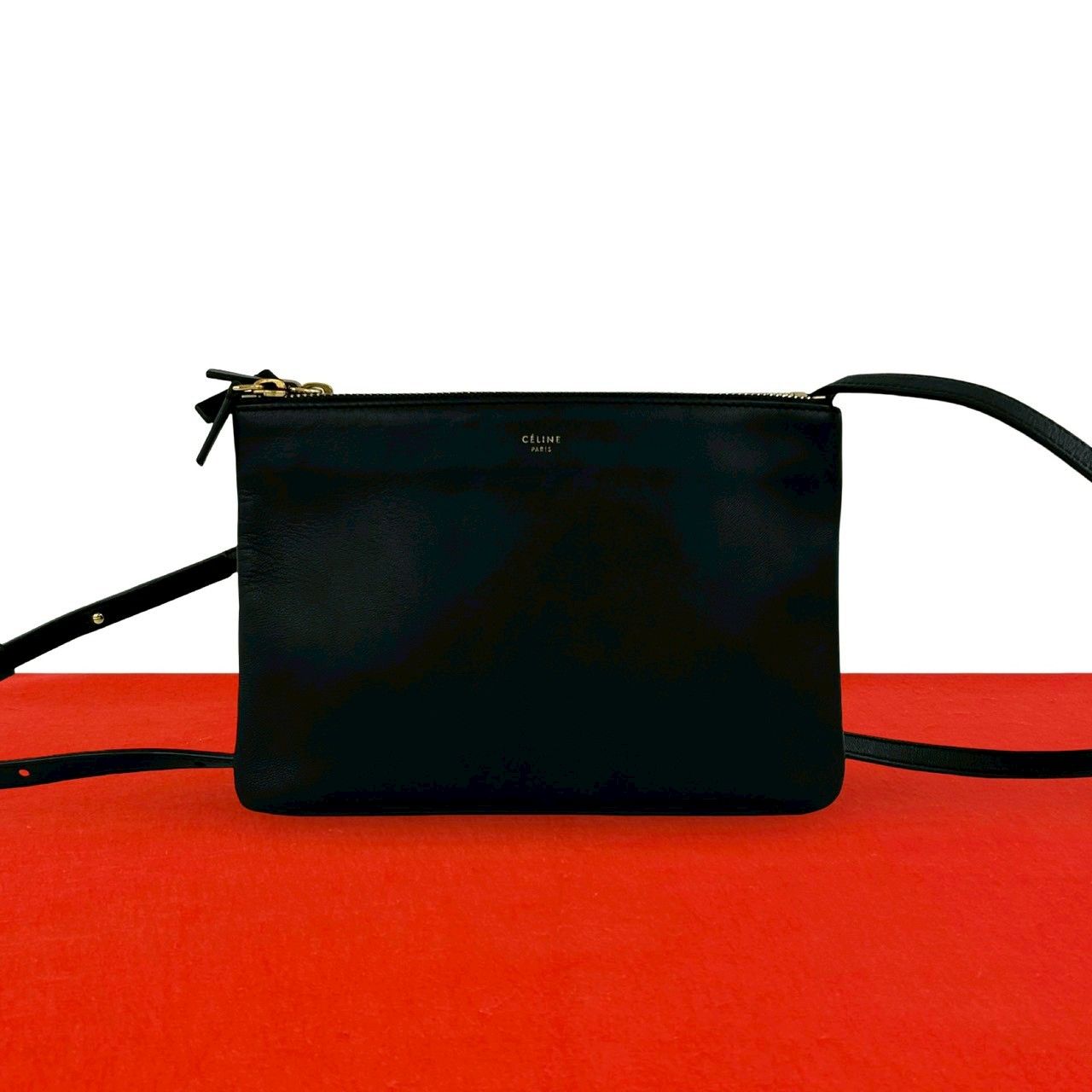 Celine Trio Small Leather Mini Shoulder Bag Crossbody Pochette Black