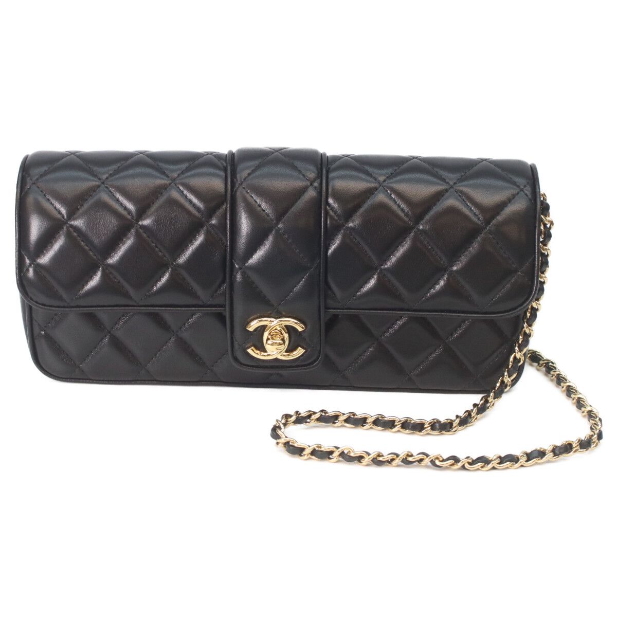 Chanel Metal Plate Quilted Black Lambskin Turnlock Single Flap Chain Shoulder