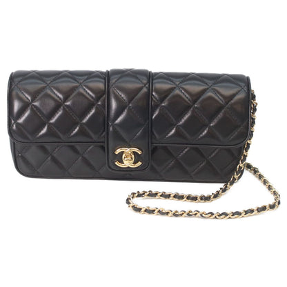 Chanel Metal Plate Quilted Black Lambskin Turnlock Single Flap Chain Shoulder
