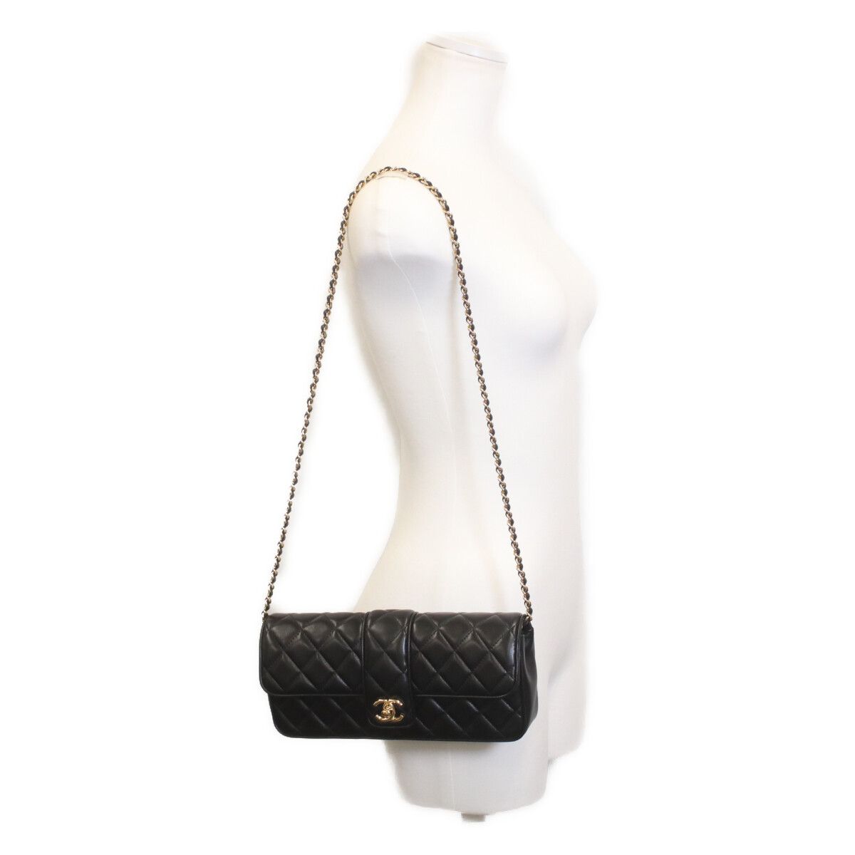 Chanel Metal Plate Quilted Black Lambskin Turnlock Single Flap Chain Shoulder — view 9