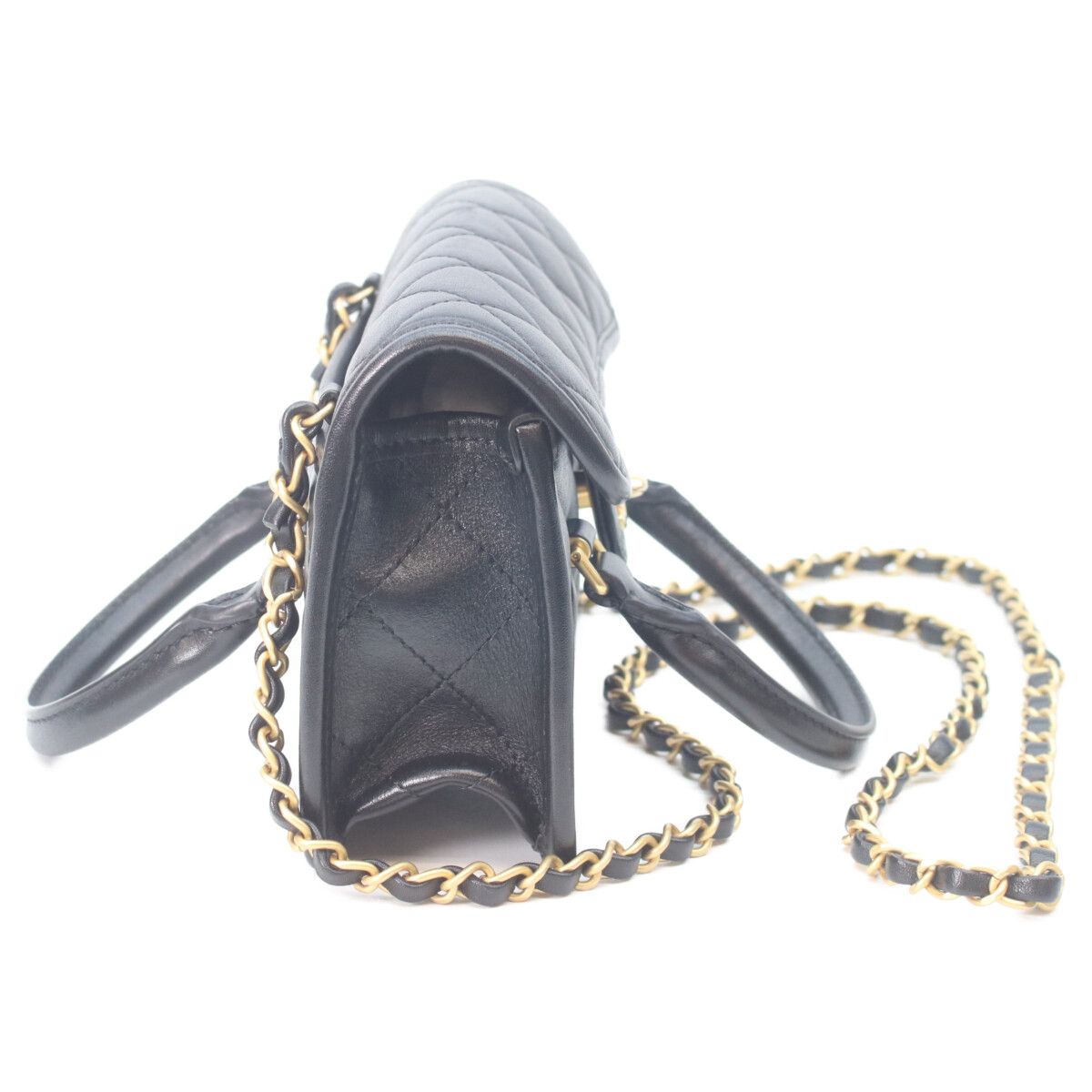 Chanel Black Lambskin Gold Quilted 2-Way Mini Flap Chain Handle — view 4
