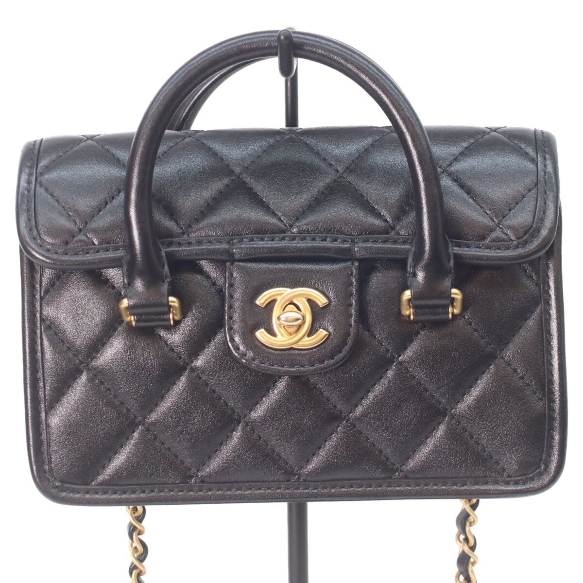 Chanel Black Lambskin Gold Quilted 2-Way Mini Flap Chain Handle