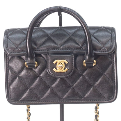 Chanel Black Lambskin Gold Quilted 2-Way Mini Flap Chain Handle
