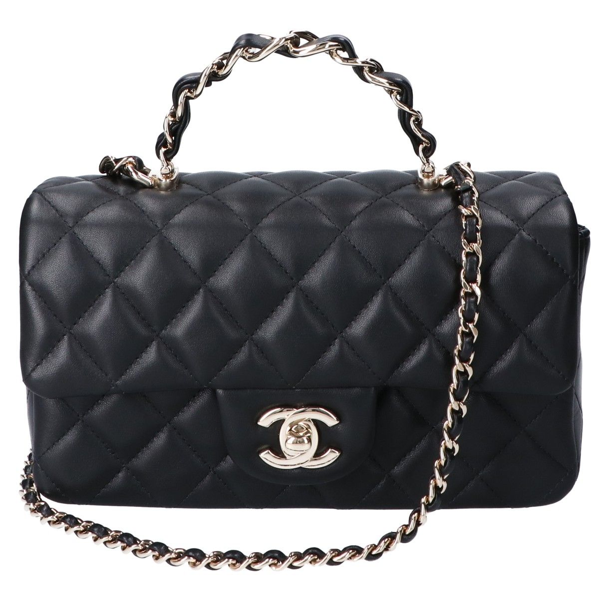 Chanel Black Gold Lambskin Top Handle Mini Classic 2-Way Handbag