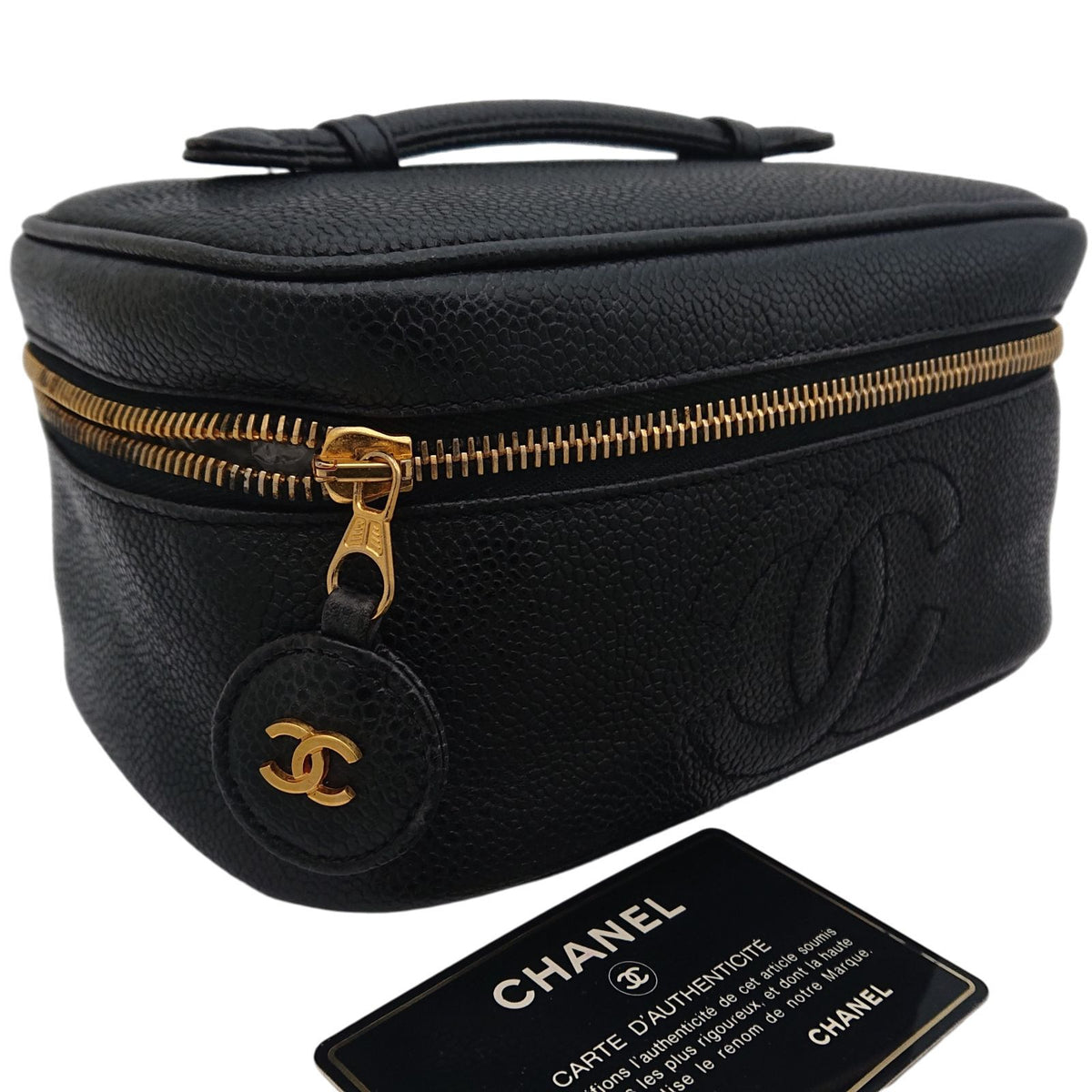 Chanel Vanity Bag Caviar Leather CC Logo Black Gold