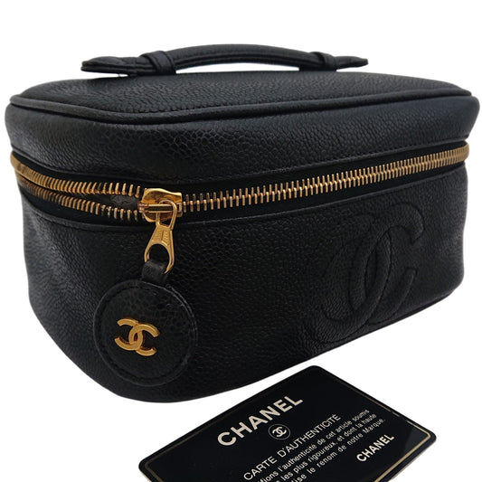 Chanel Vanity Bag Caviar Leather CC Logo Black Gold