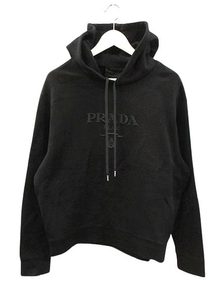 Prada Logo Embroidery Hoodie M Black Long Sleeve Pullover