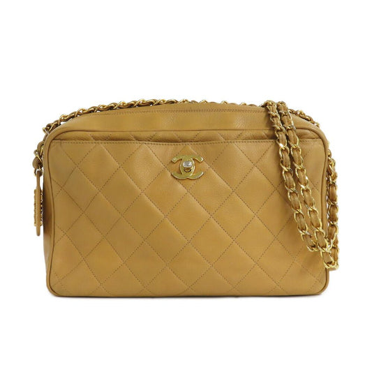 Chanel Chain Shoulder Bag Quilted Caviar Leather Beige Gold