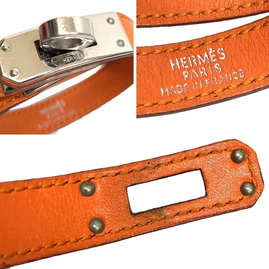 Hermes Leather Bracelet Tall Orange Silver — view 3