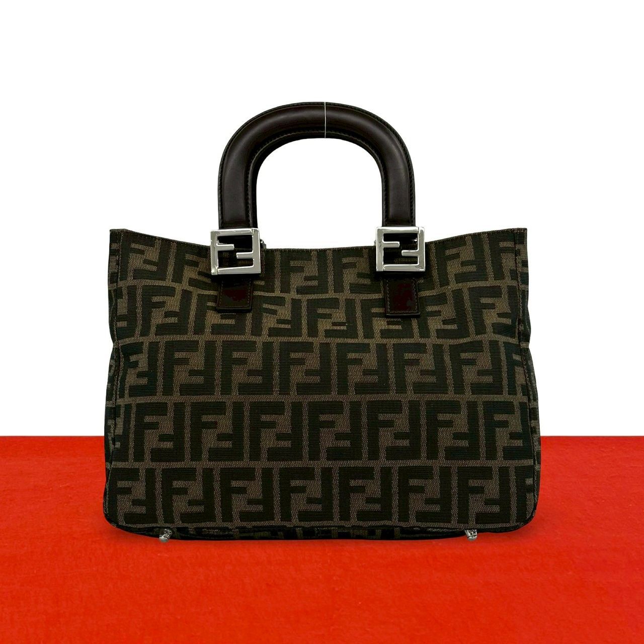 Fendi Vintage Zucca FF Pattern Canvas Leather Tote Brown Black
