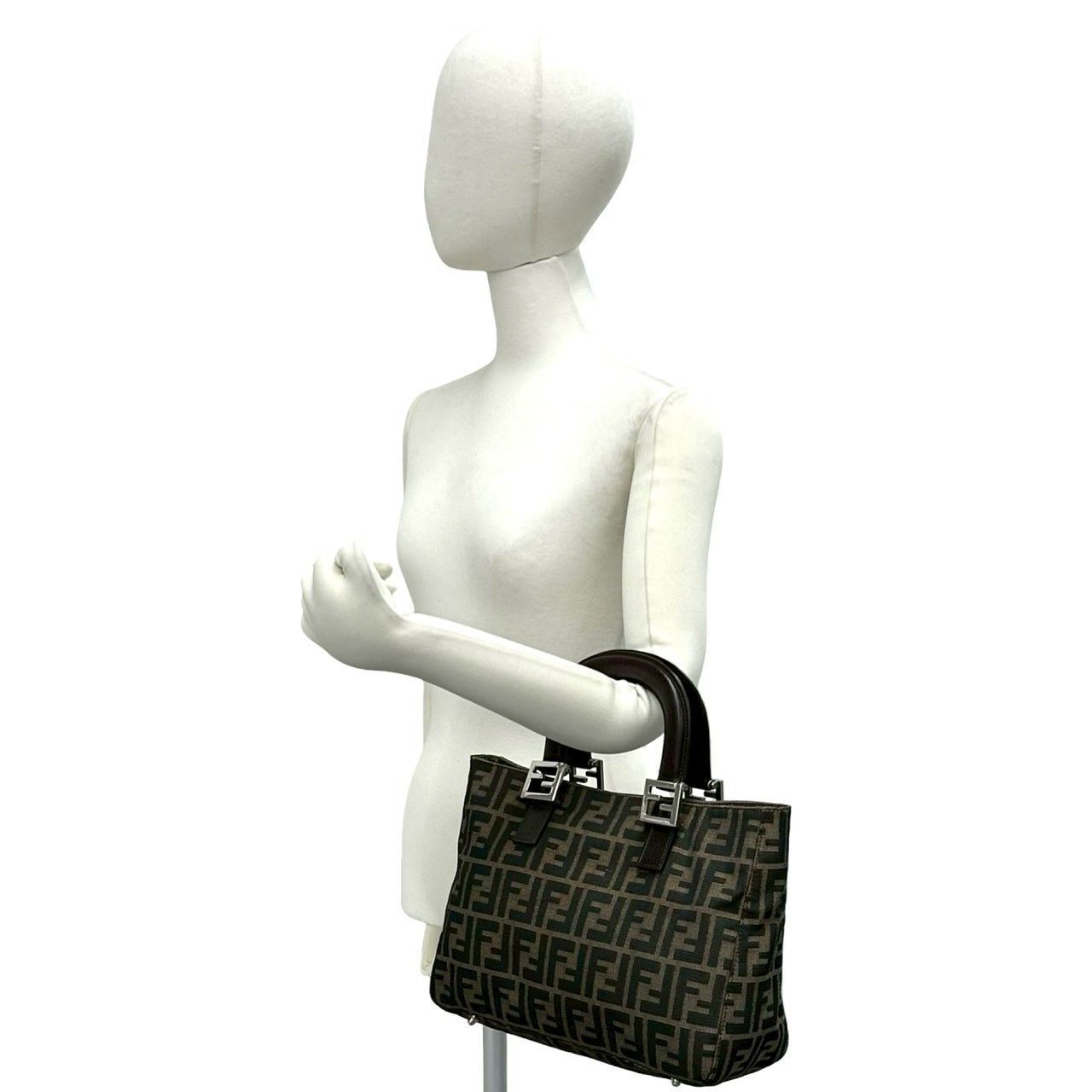 Fendi Vintage Zucca FF Pattern Canvas Leather Tote Brown Black — view 2