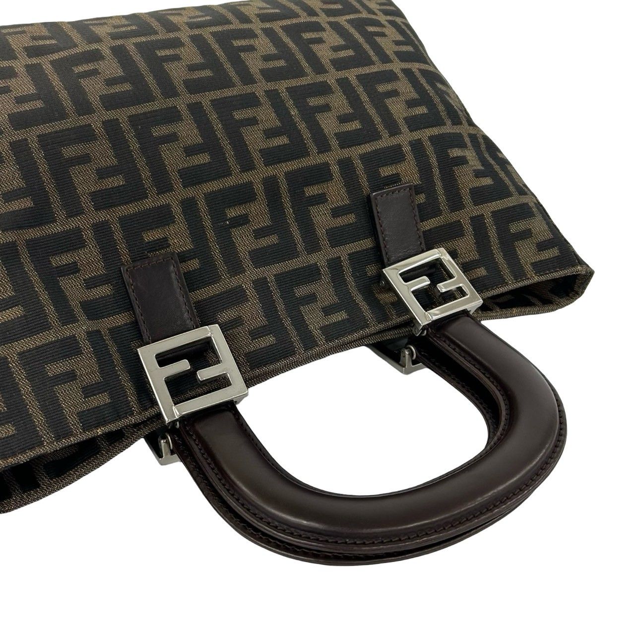 Fendi Vintage Zucca FF Pattern Canvas Leather Tote Brown Black — view 4