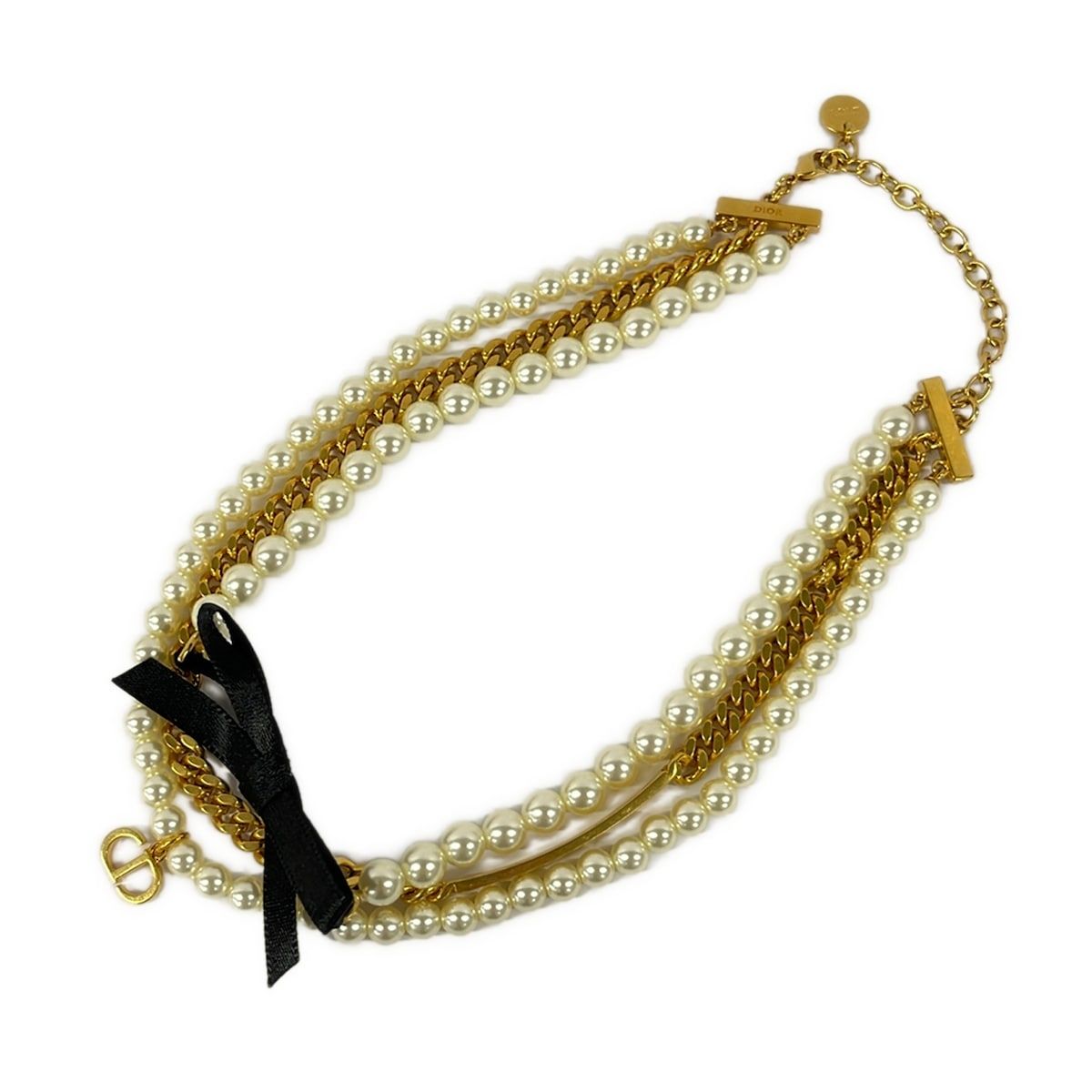 Dior Choker Gold Ivory Black Triple Strand Ribbon CD Logo Necklace — view 2