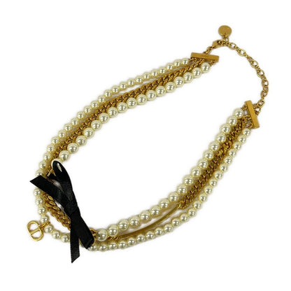 Dior Choker Gold Ivory Black Triple Strand Ribbon CD Logo Necklace — view 2