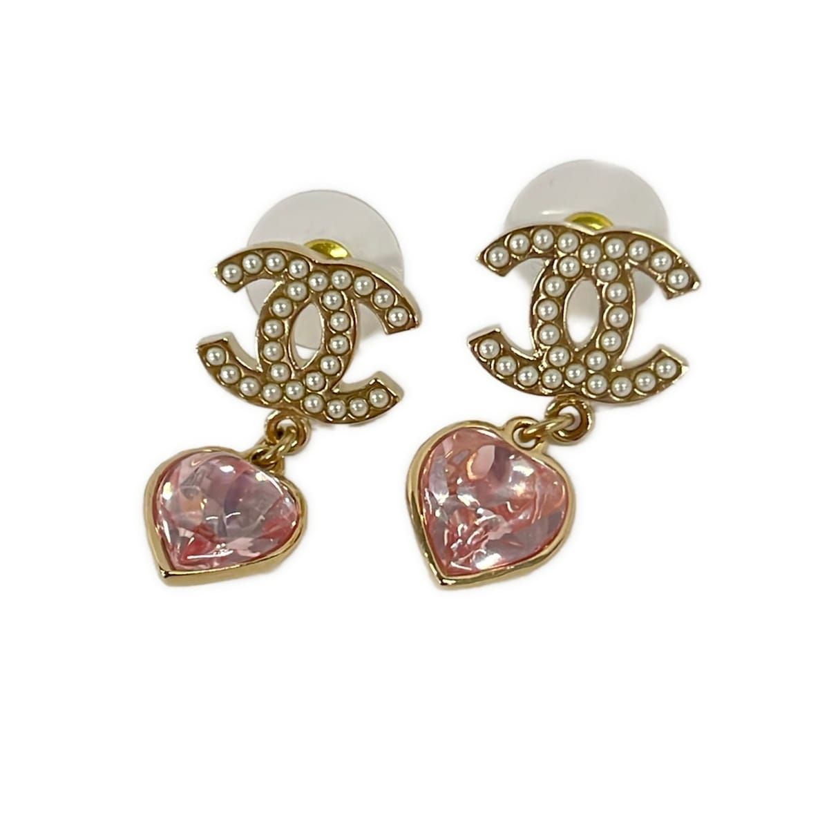 Chanel Earrings CC Logo Gold Pink White