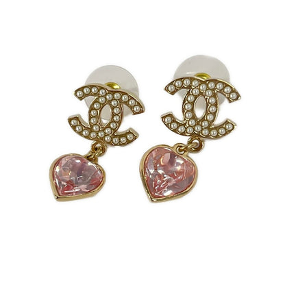 Chanel Earrings CC Logo Gold Pink White