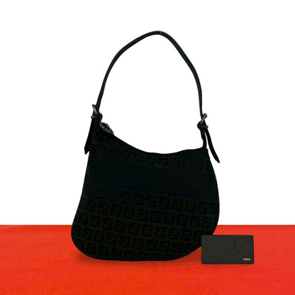 Fendi Vintage Zucchino FF Pattern Canvas Leather Mini Shoulder Bag Black