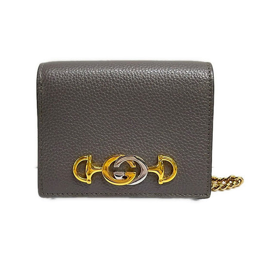 Gucci Bifold Wallet Zumi Gray Gold Silver Chain Removable Strap Leather
